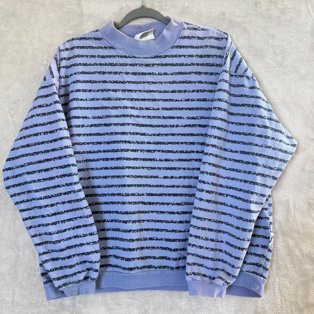 Vintage Rush Mens Blue Striped Mock Neck Cotton Sweatshirt Made in USA Medium